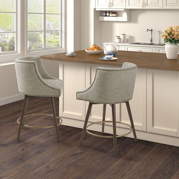 Olliix - Wholesale Stool - Barrel Style Swivel Counter Stool, Grey, Bronze Base