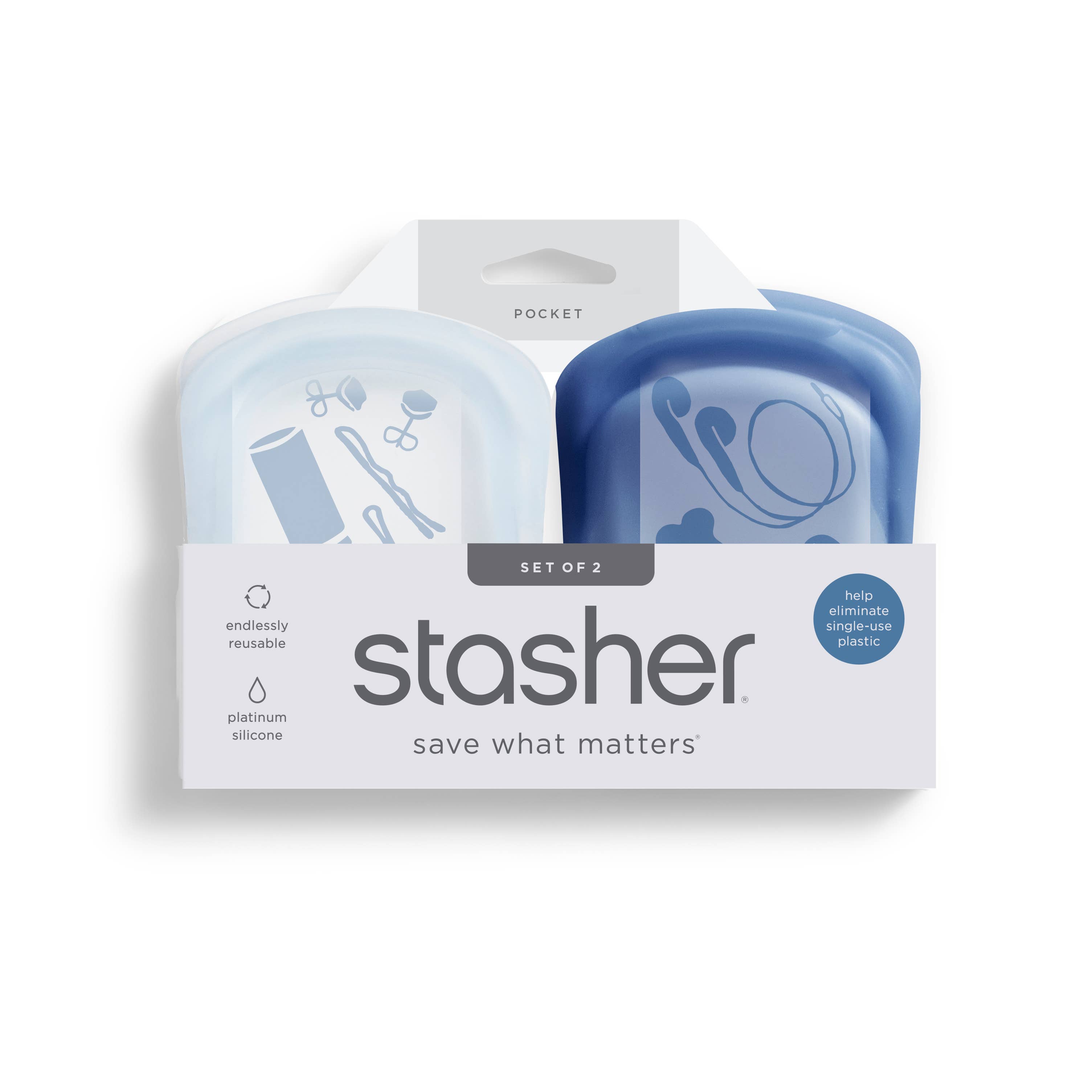 Stasher - Wholesale Food Storage Wrap/Bag - Pocket 2-pack (1 Clear + 1 Deep Ocean)