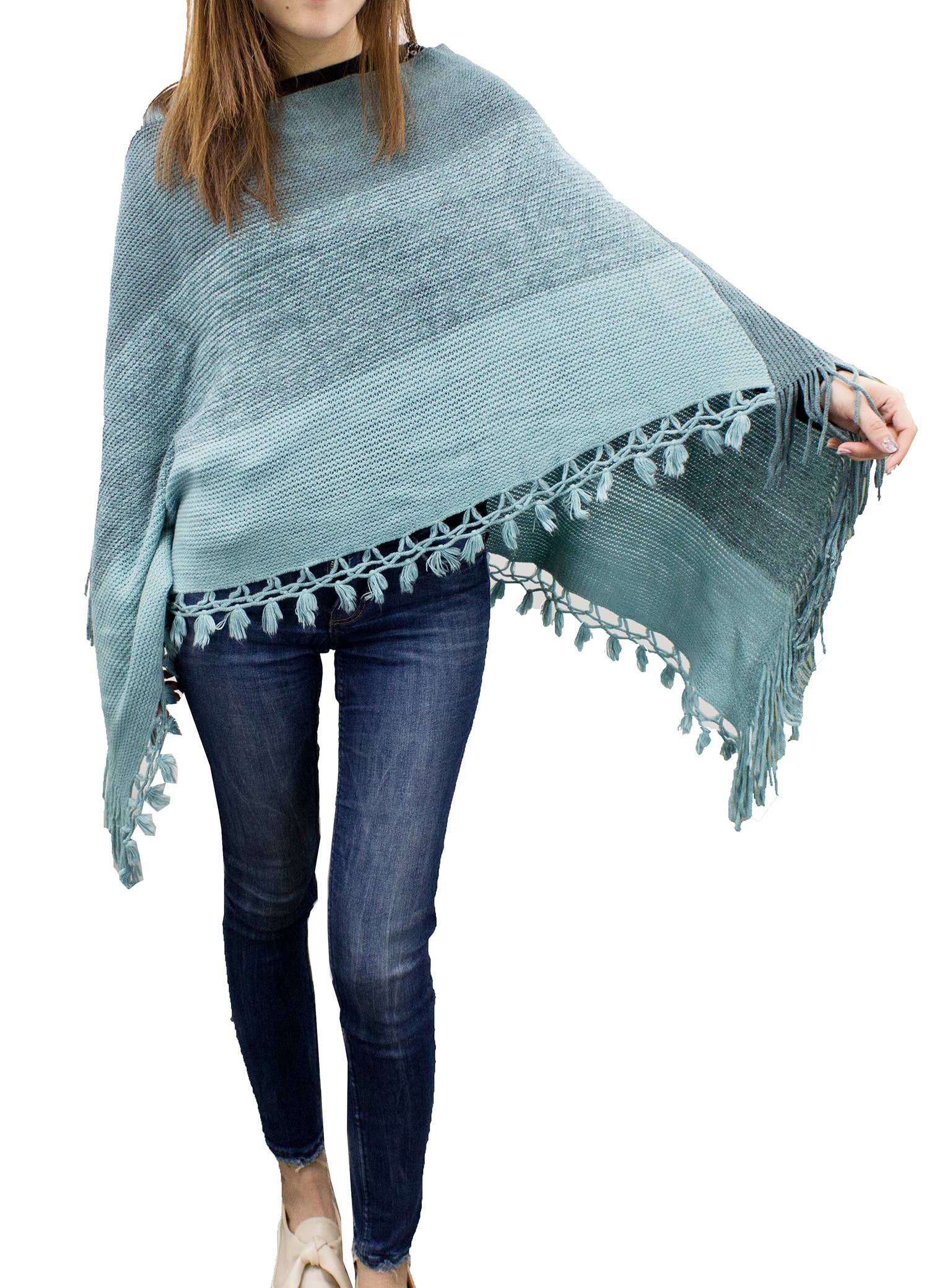 Fennco Styles - Venta al por mayor Poncho - Mujer - Suéter Poncho de Bloques de Color con Flecos37