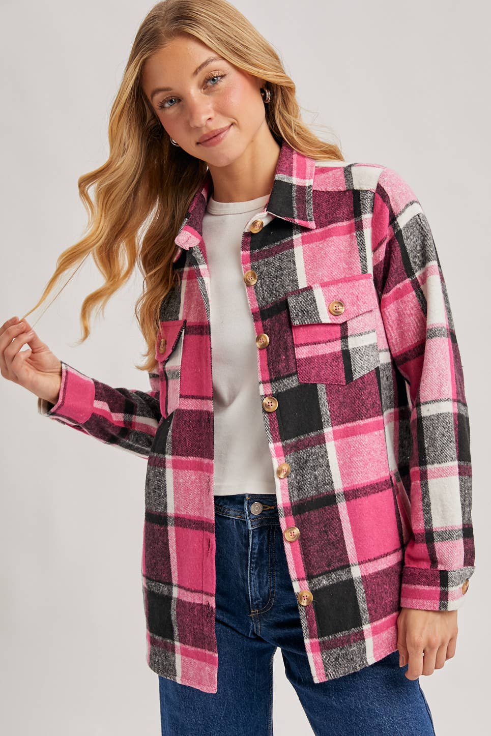 Bluivy - Wholesale Shirt Jacket/Shacket - Women's - FLANNEL PLAID SHACKET WITH POCKETS11