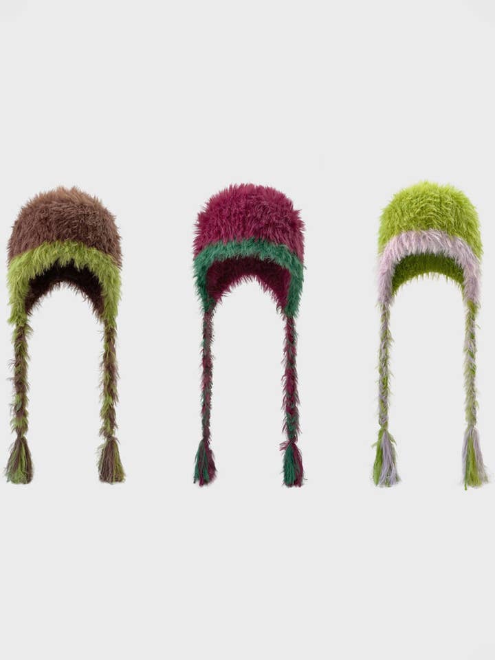Gorro de Invierno con Orejeras Trenzadas Largas y Borrosas DP25G722 para venta al por mayor de Dipped Shop