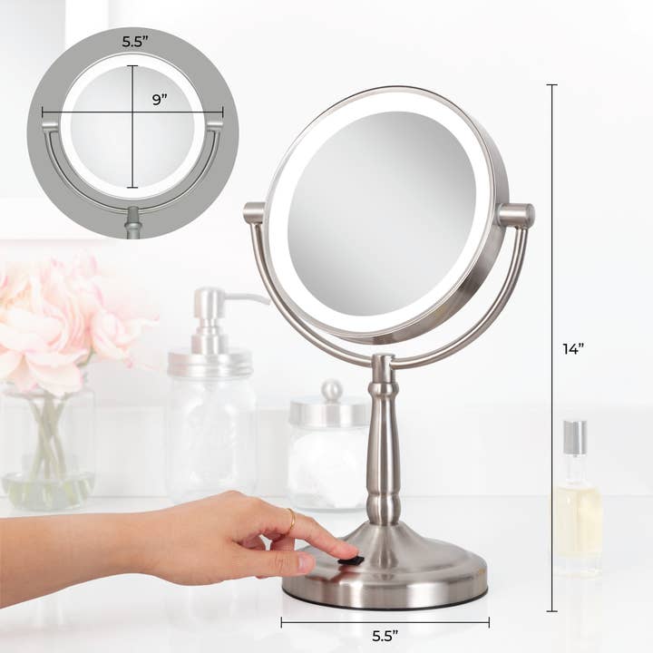 Satin Nickel Lighted Makeup Mirror with Magnification & Cordless for wholesale on Faire