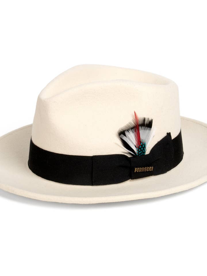 Crushable White/Black 100% Australian Wool Fedora Hat for wholesale by Ferrecci