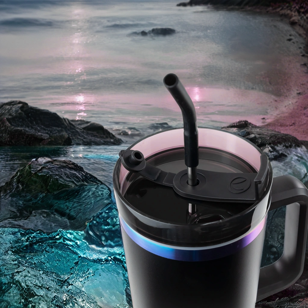 Rainbow Plated BLACK 40oz POWDER COATED TRAVELER TUMBLER for wholesale on Faire1