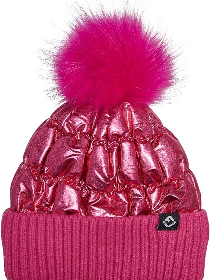 Kids Puffer Faux Fur Pom Beanie - Candy Pink for wholesale by Funky Junque