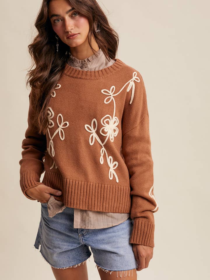 Floral Embroidered Knit Sweater LSW1018 for wholesale by Listicle