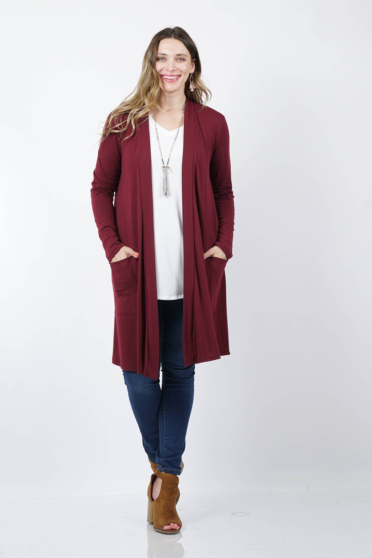 42POPS - Wholesale Cardigan - Women's - ..SI-7552 Plus Knee Length Slouchy Pocket Open Cardigan10