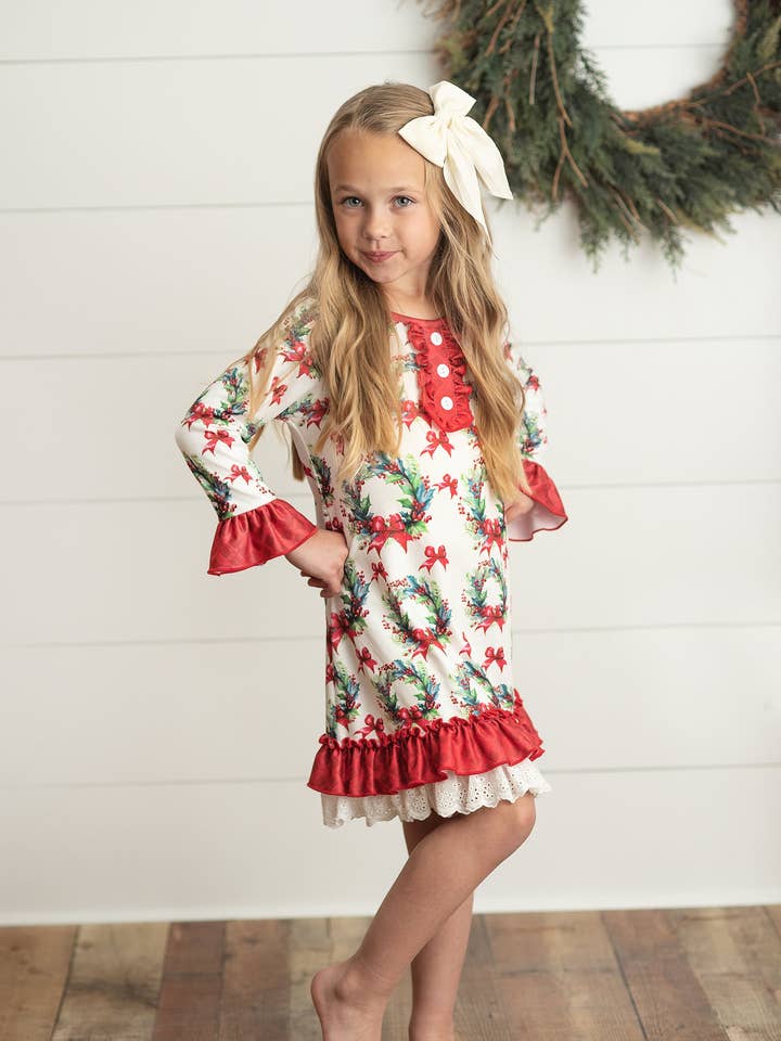 Adorable Sweetness - Wholesale Nightdress - Kids - Kids Vintage Christmas Wreath & Lace Lounge Play Gown