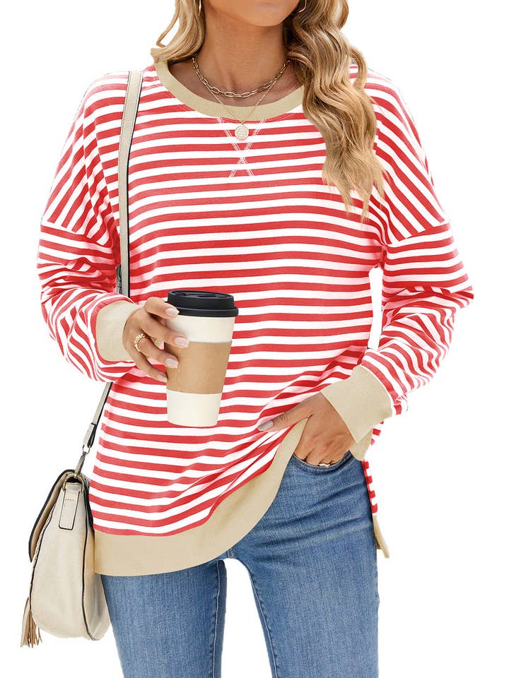 Contrasting Color Round Neck Striped Loose Sweatshirt for wholesale by Jiawaknitart