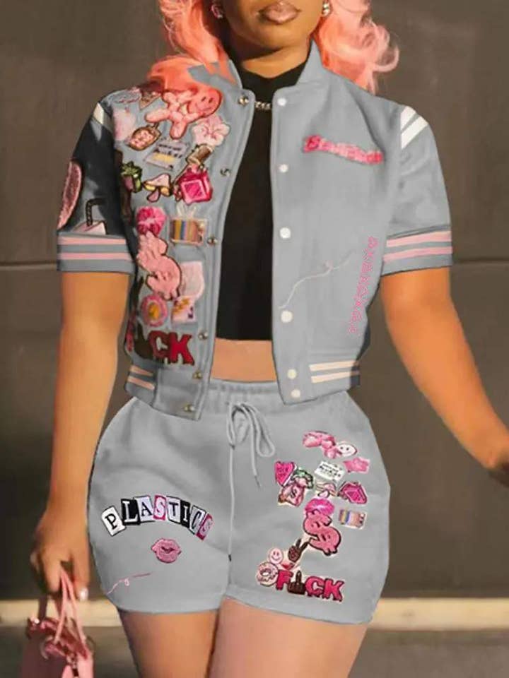 Flarix - Wholesale Top & Short Set (NOT Loungewear) - Women's - letter graphic pattern baseball top shorts set28