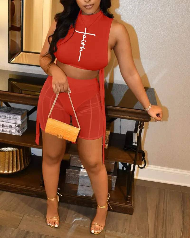 Queen Fashion - Vente Ensemble haut et jupe - Femme - ensemble de shorts en maille transparente à nouer sur le côté9