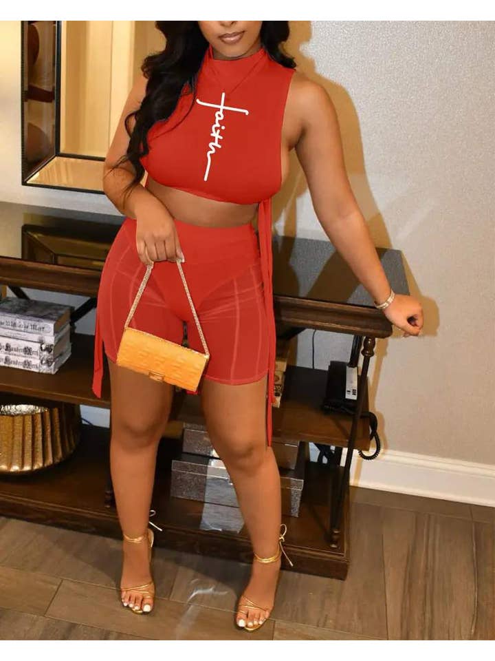 Queen Fashion - Vente Ensemble haut et jupe - Femme - ensemble de shorts en maille transparente à nouer sur le côté9
