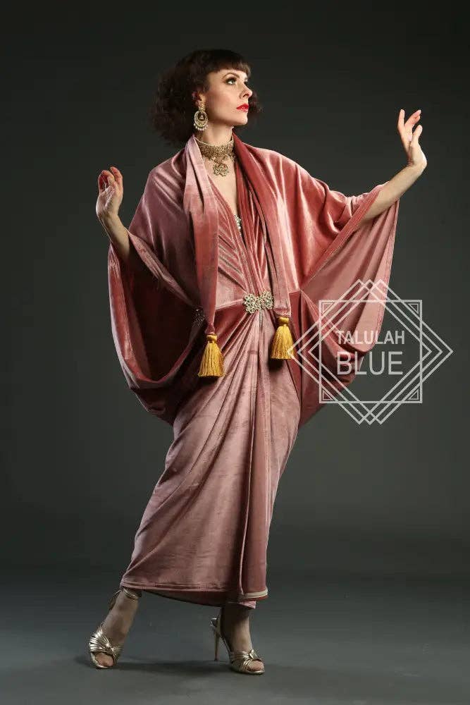 Talulah Blue - Wholesale Dress - Women's - 1920s Blush Velvet Great Gatsby Dress - Floor length flapper Cocoon Robe5