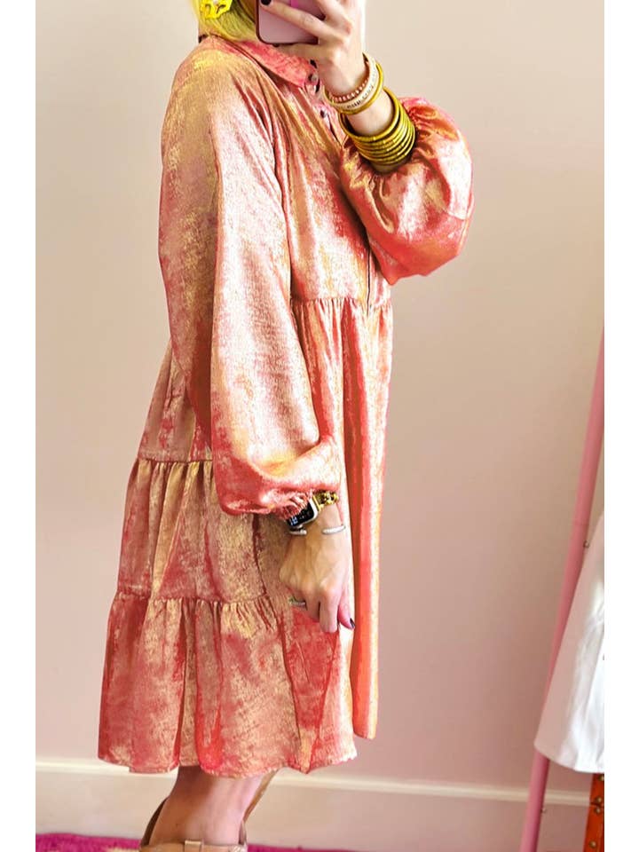 Peach Blossom Plus Size Metallic Balloon Sleeve Mini Dress for wholesale on Faire