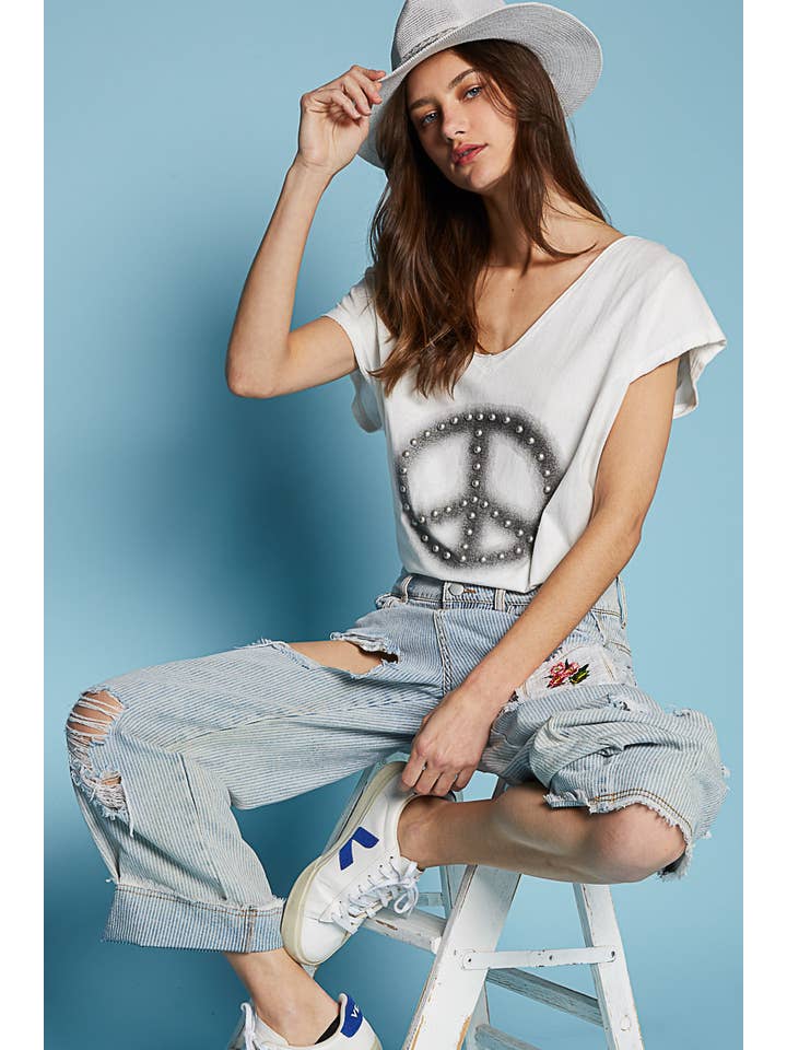Pol Clothing - Wholesale T-Shirt - Women's - Dropped short sleeve studded peace emblem tee SALE