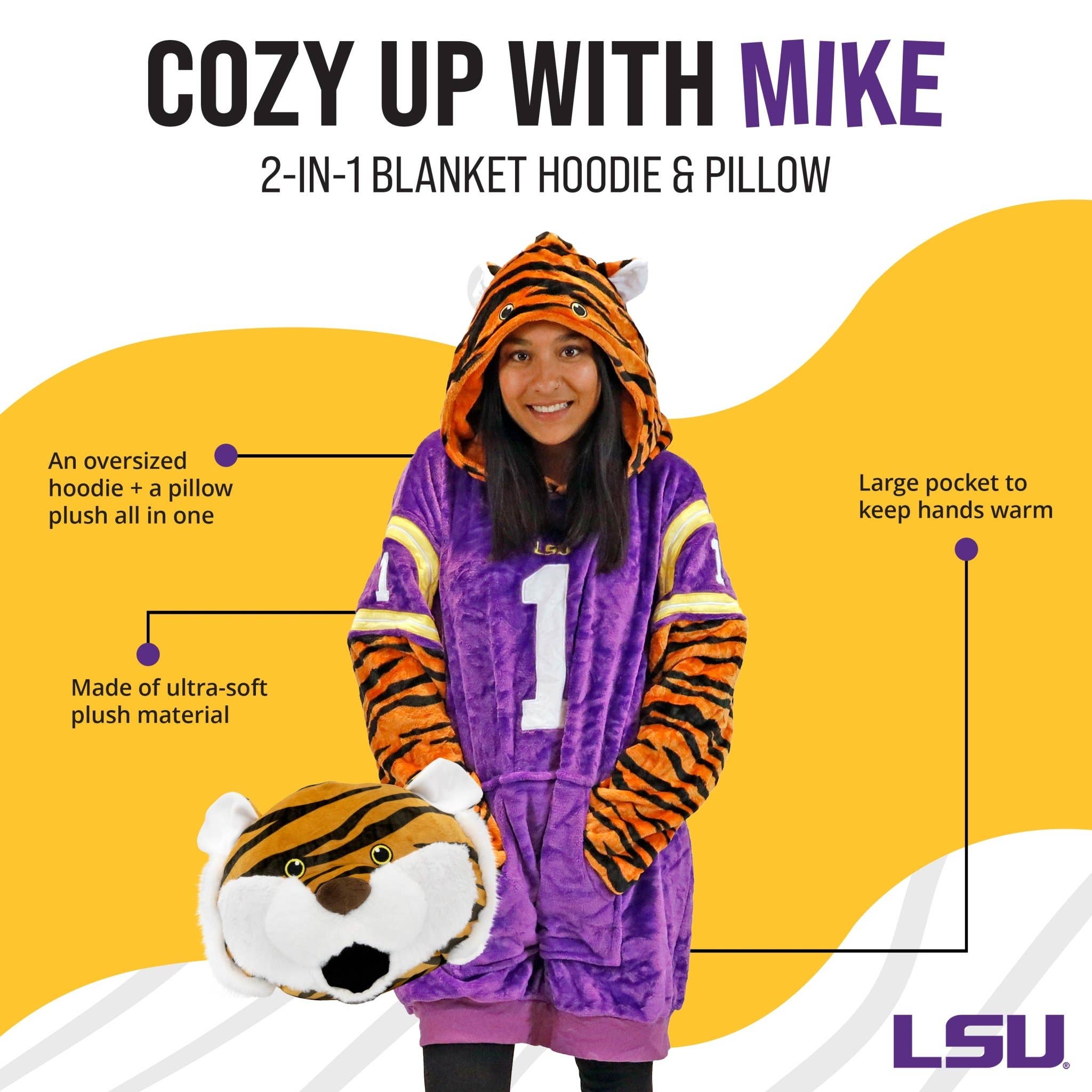 OrangeOnions - Wholesale Hoodie - Unisex - Louisiana State University Mike The Tiger Blanket Hoodie1