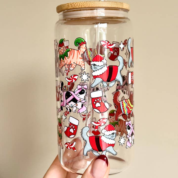 the cute cloud - Wholesale Drinking Glass/Cup - Cat Christmas Double Sided Glass Tumbler with Lid & Straw2