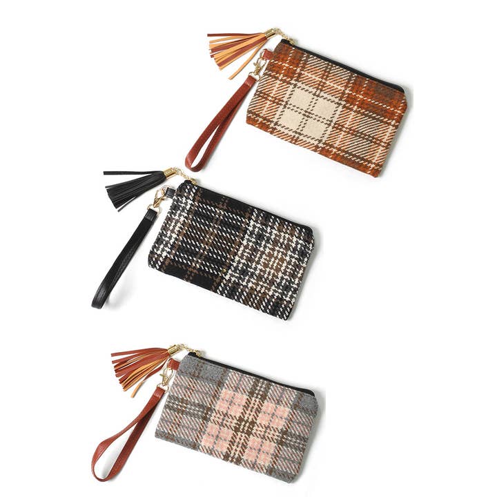 Hana - Wholesale Wristlet - Plaid Check Pattern Pouch Bag with Wristlet