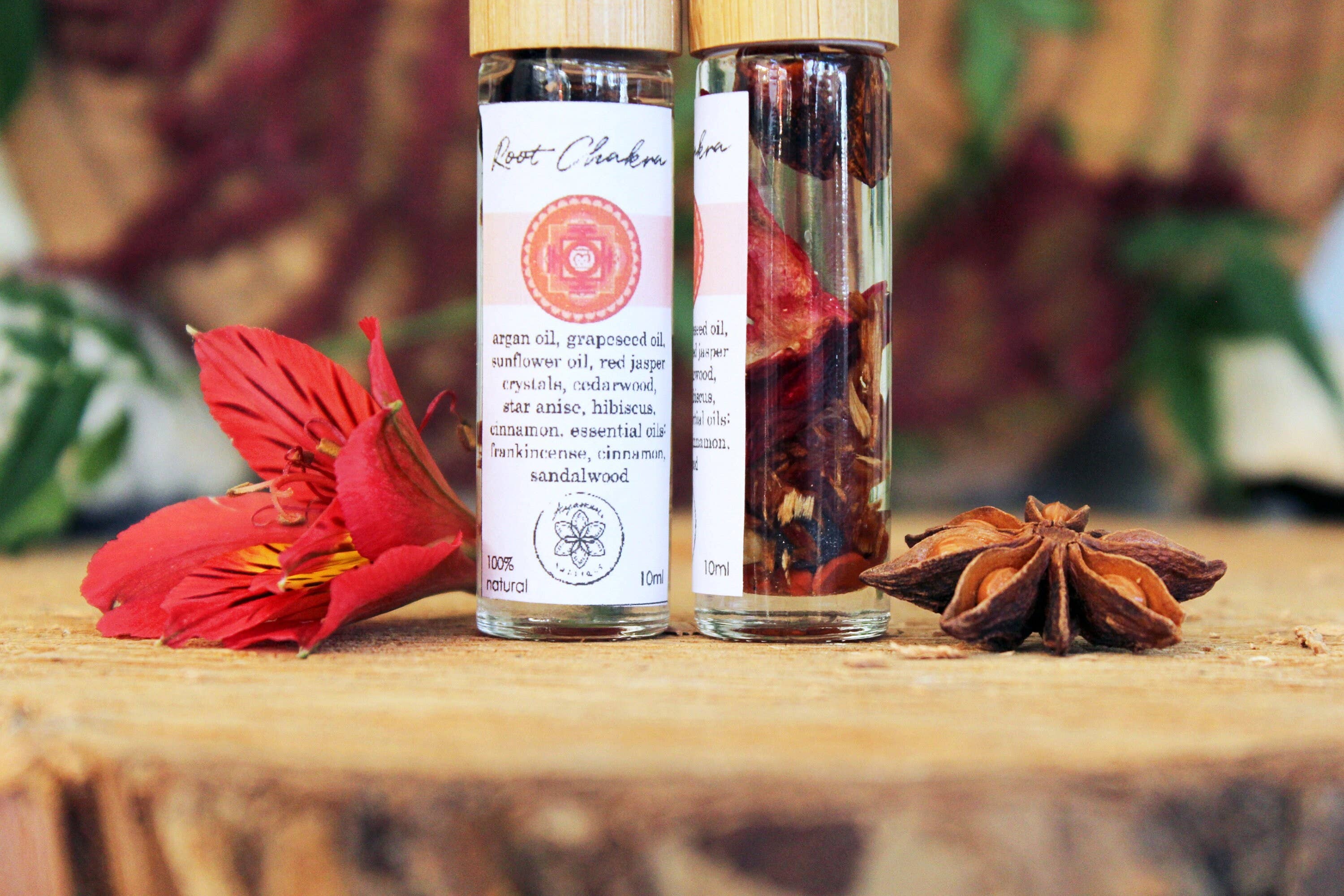 Ayamani Naturals – Engroshandel Æterisk olie – Rodchakra Balanceolie med urter og krystaller2