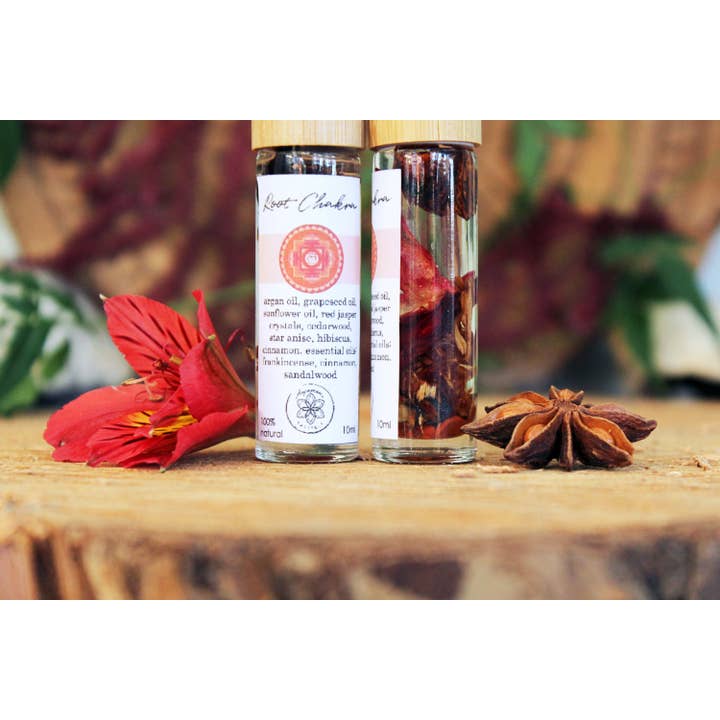 Ayamani Naturals - Wholesale Essential Oil - Root Chakra Balancing Oil with Herbs and Crystals2