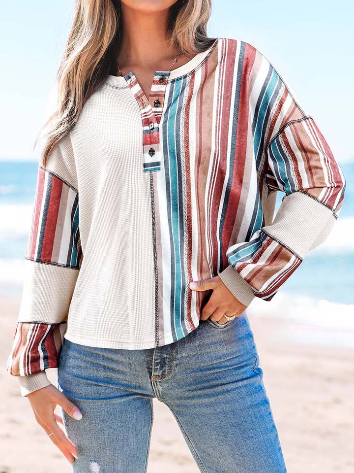 Lovesoft - Wholesale Knit Top - Women's - Beige Striped Waffle Patchwork Exposed Seam Raw Edge Casual Knit Top1