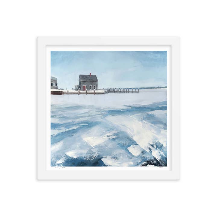 "February" Framed Art Print, Coastal Beach Neutrals Blues for wholesale by Walker T. Roman
