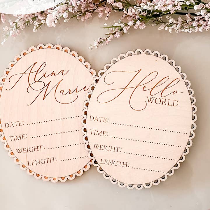 Birth Stat Plaque with Scalloped Edge Newborn Baby Stat for wholesale by Etchedoccasions