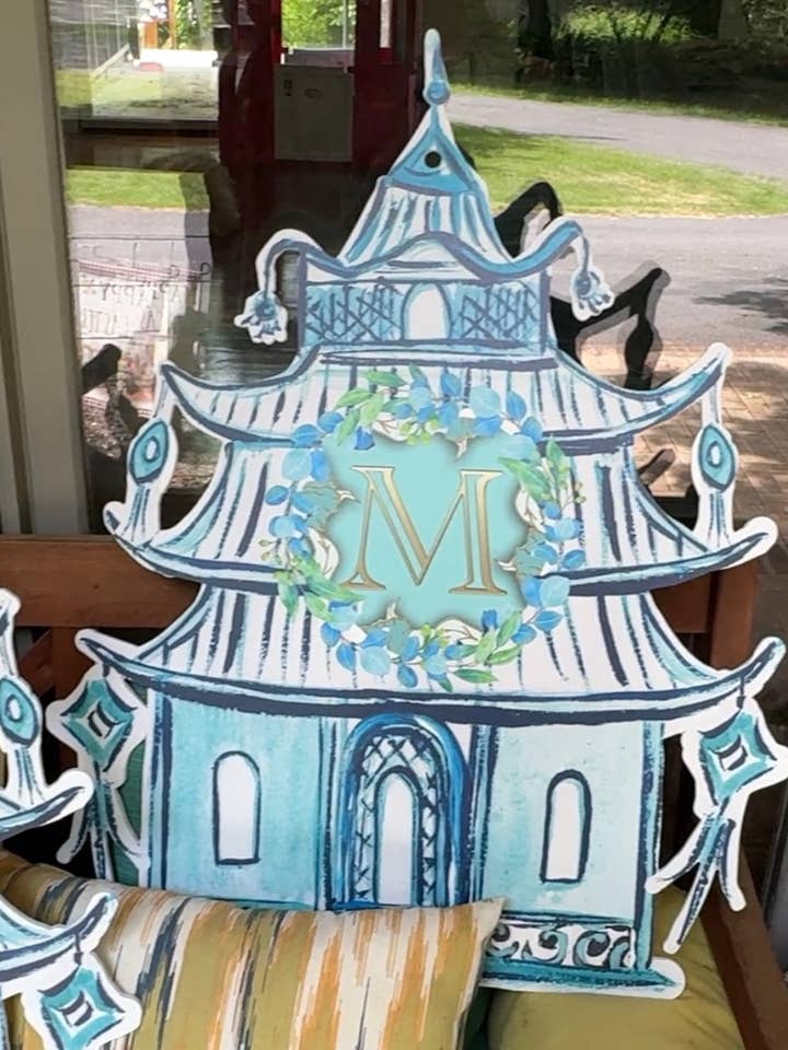 LARGE Designer Blue Pagoda To-Be Personalized Door Hanger for wholesale by Mid Mod Design LLC