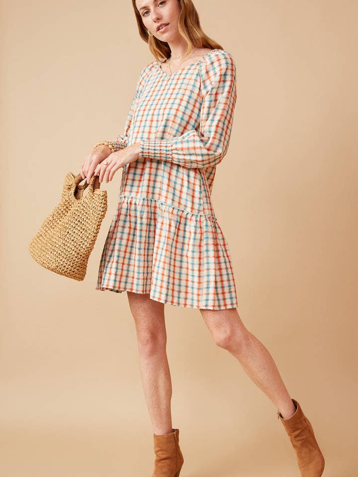 Rust Mix Womens Linen Blend Textured Smock Cuff Dress for wholesale on Faire2