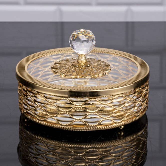 Metal Footed Candy Bowl with Glass Lid and Crystal Top, 6.3" for wholesale by Hakan