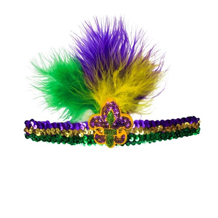 Purple, Green and Gold Sequin Headband with Fleur de Lis and Feathers (Each) for wholesale by Plush Appeal LLC