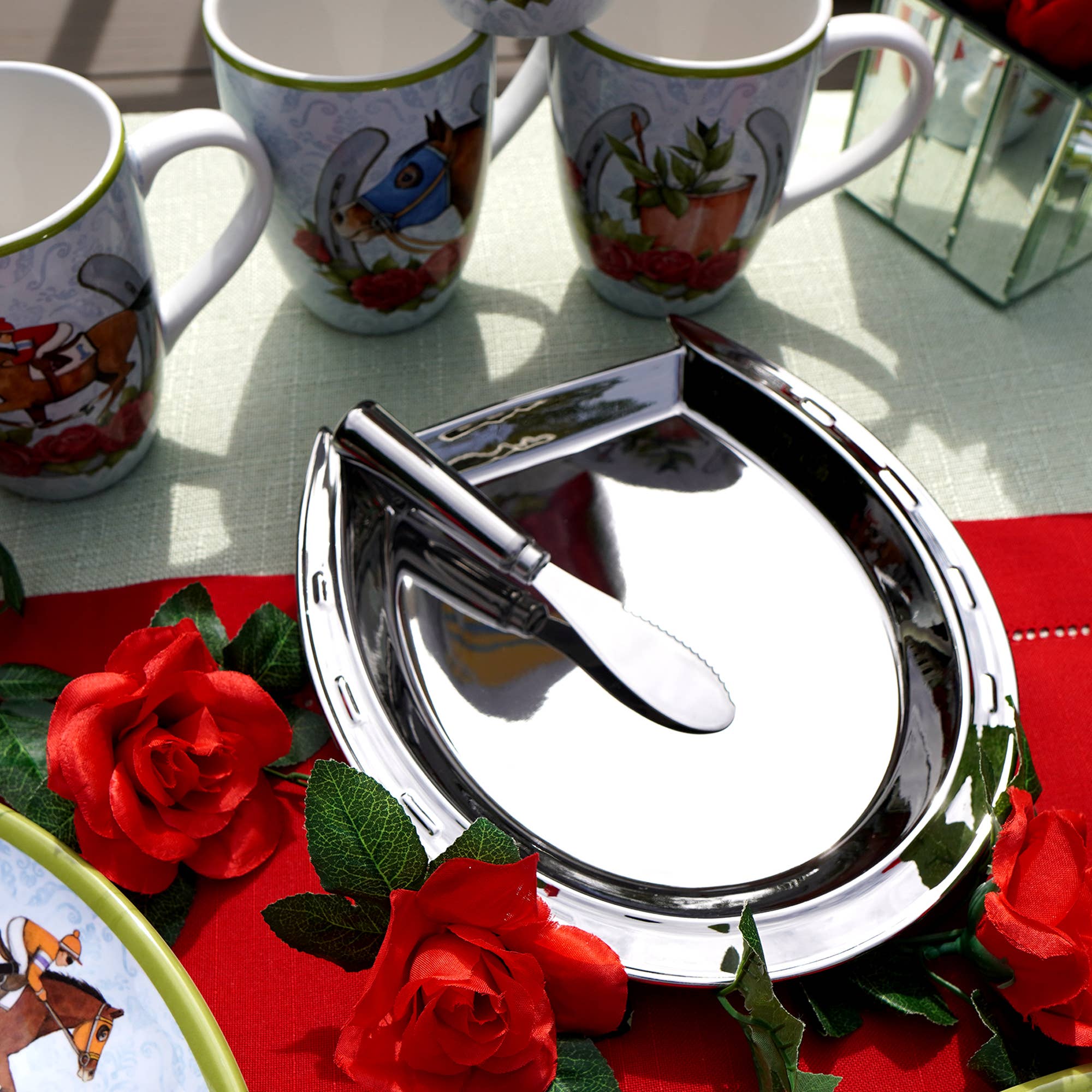 Certified International - Wholesale Cheese Board - Day at the Races Silver Plate Horseshoe Cheese Plate w Knife