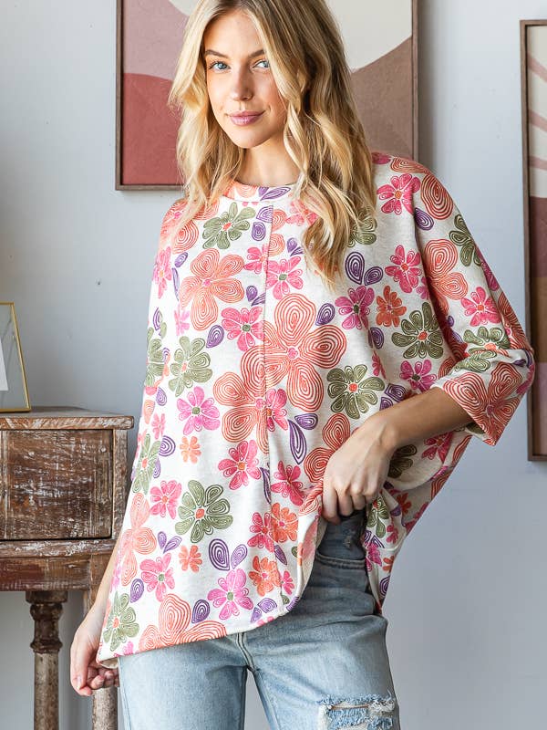 REMOVED BRAND - Wholesale Knit Top - Women's - Fall Floral Short Sleeve Transitional Top PLUS- HTP12466