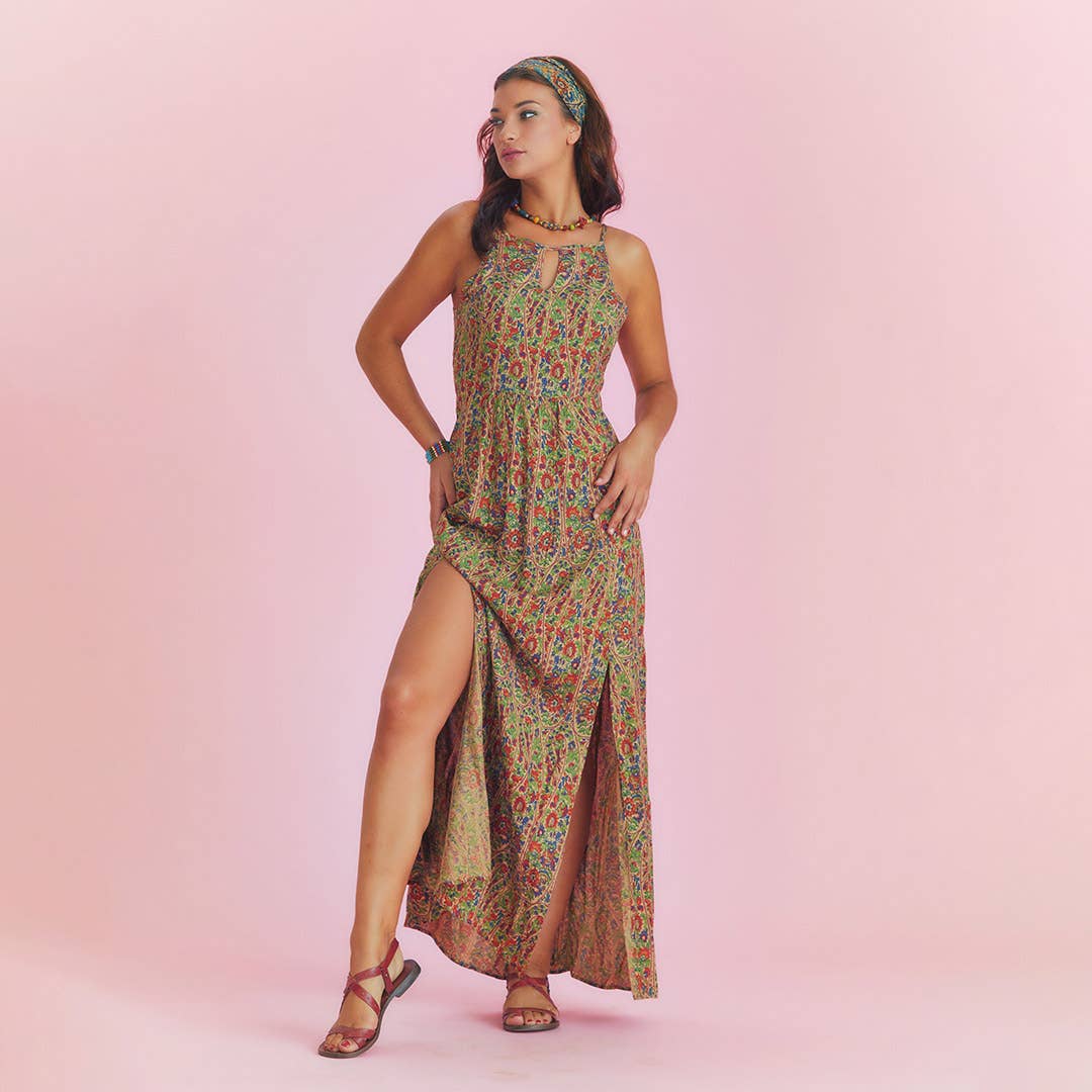 Los Banditos – Großhandel Kleid – Damen – Grünes Kleid mit Rückenausschnitt und ethnischem Aufdruck4