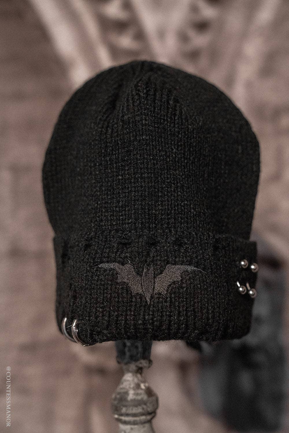 vampirefreaks - Wholesale Beanie - Women's - Distressed Pierced Beanie [Black Bat]2