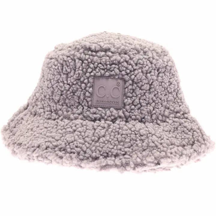 Grey Sherpa Bucket Hat with Rubber Patch KP008 for wholesale on Faire2