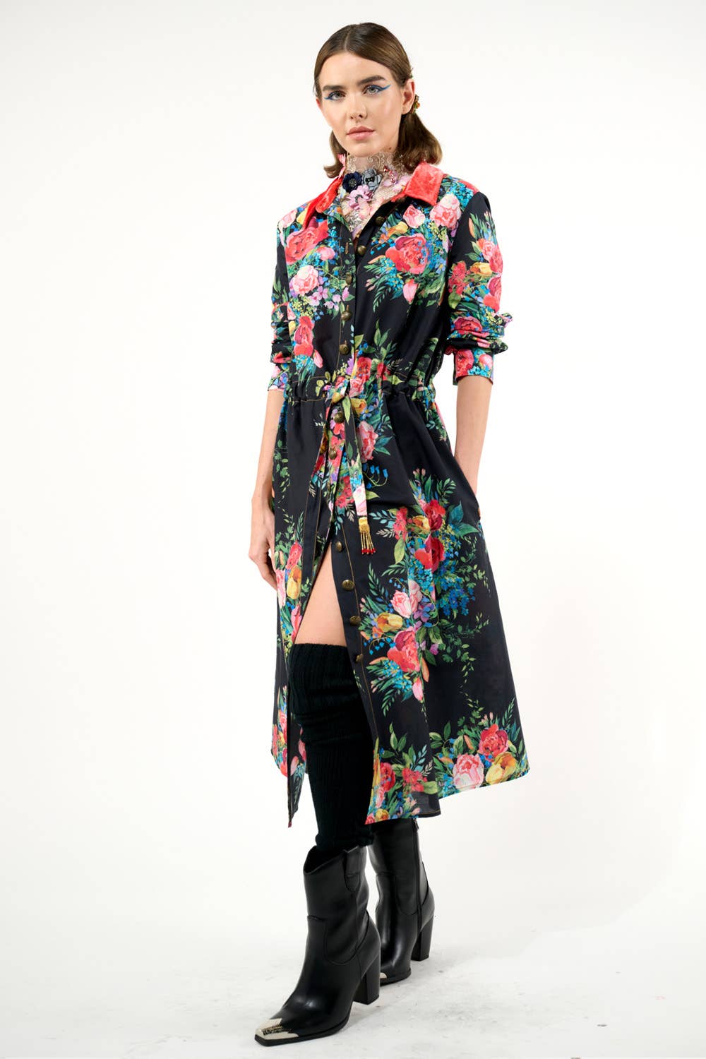Black Floral Zinnia Shirt-Dress for wholesale on Faire7