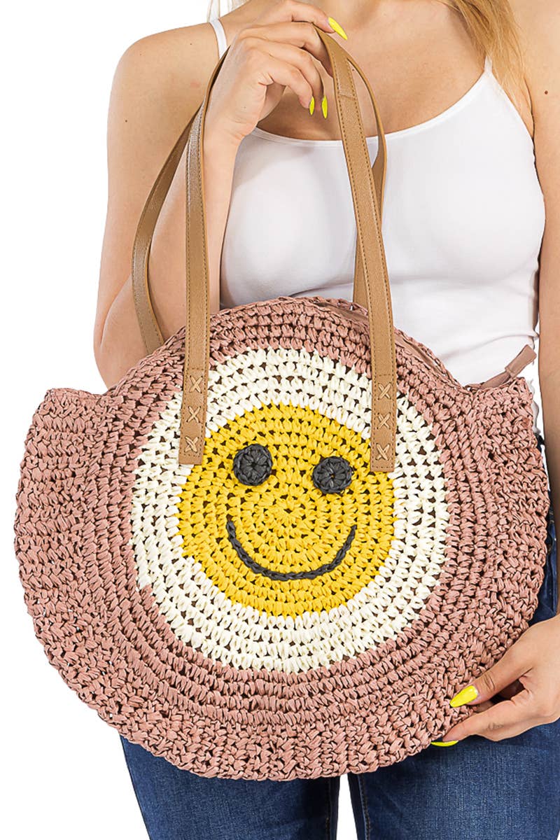 Cap Zone - Vendita all'ingrosso Borsa da spiaggia - Borsa da spiaggia rotonda in rattan con faccina sorridente7