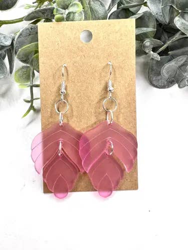 Frosted Pink Two Part Leaf Earrings for wholesale by Lindsey Lane Wholesale