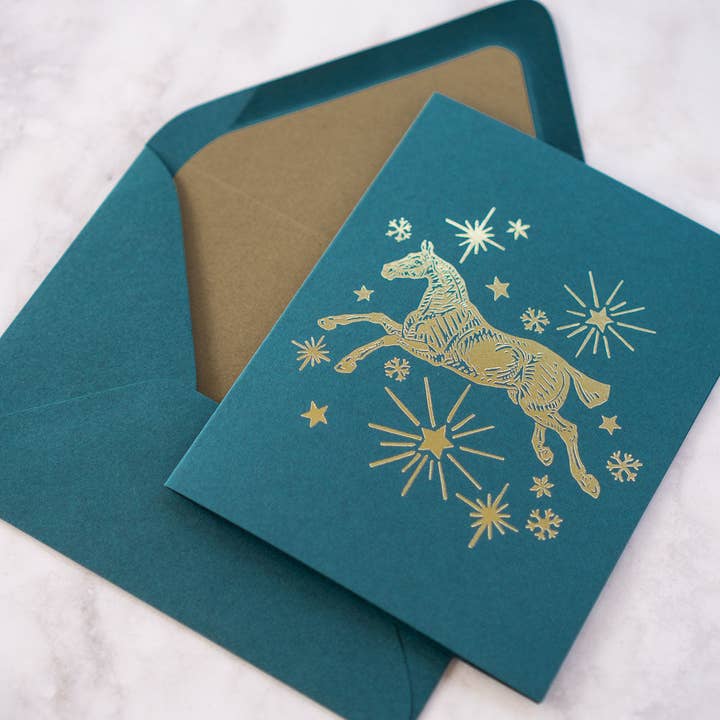 Danielle Demers Studio - Wholesale Season's Greetings Card - Horse, Stars & Snowflakes Foil Stamped Cards, Set of 8