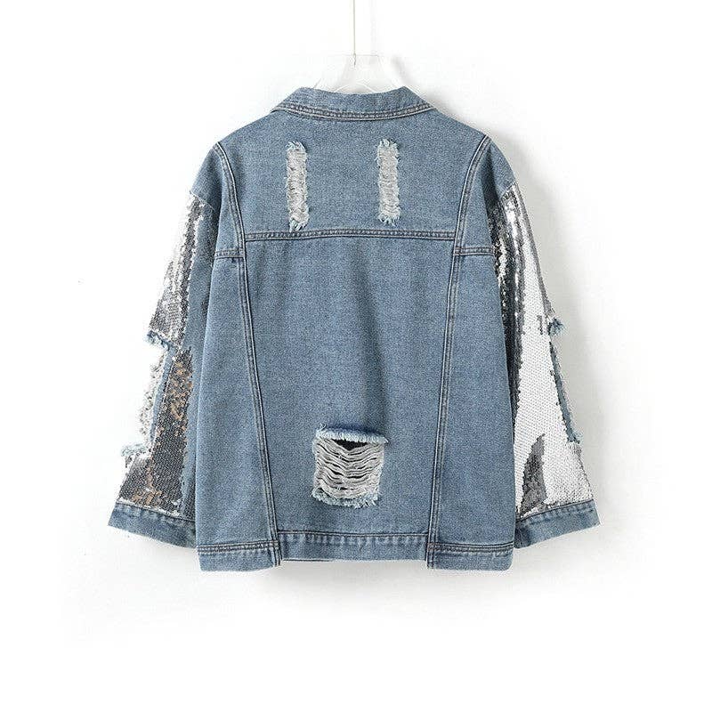 BLUE Short Loose Ripped Sequin Denim Jacket for wholesale on Faire1