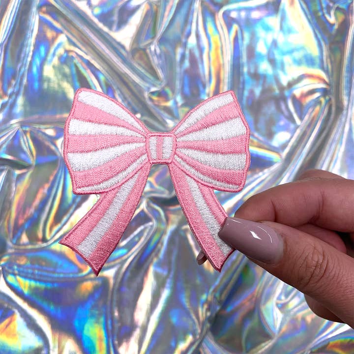 Light Pink Striped Coquette Bow Patch Embroidered Iron-On for wholesale by The Crafty Engineer