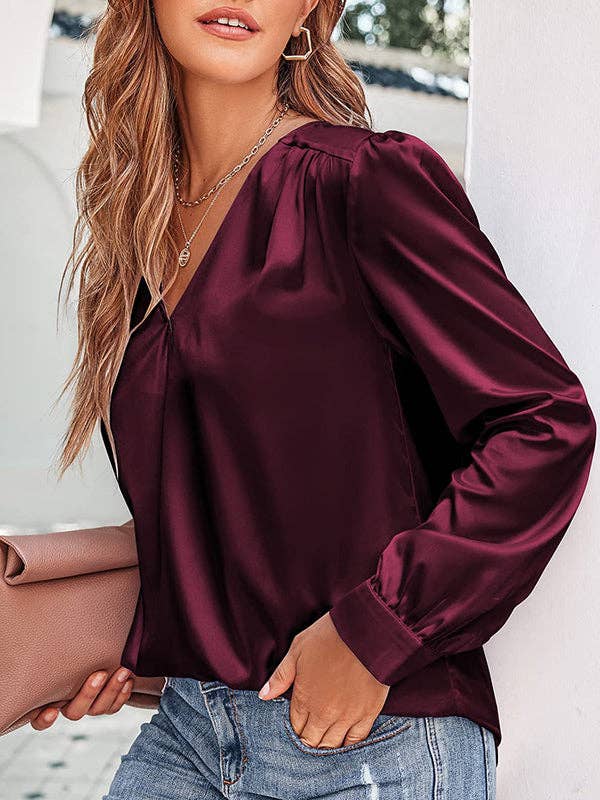 StyleGalX - Wholesale Blouse - Women's - Loose Pleated Solid Color V-Neck Blouses&Shirts Tops2