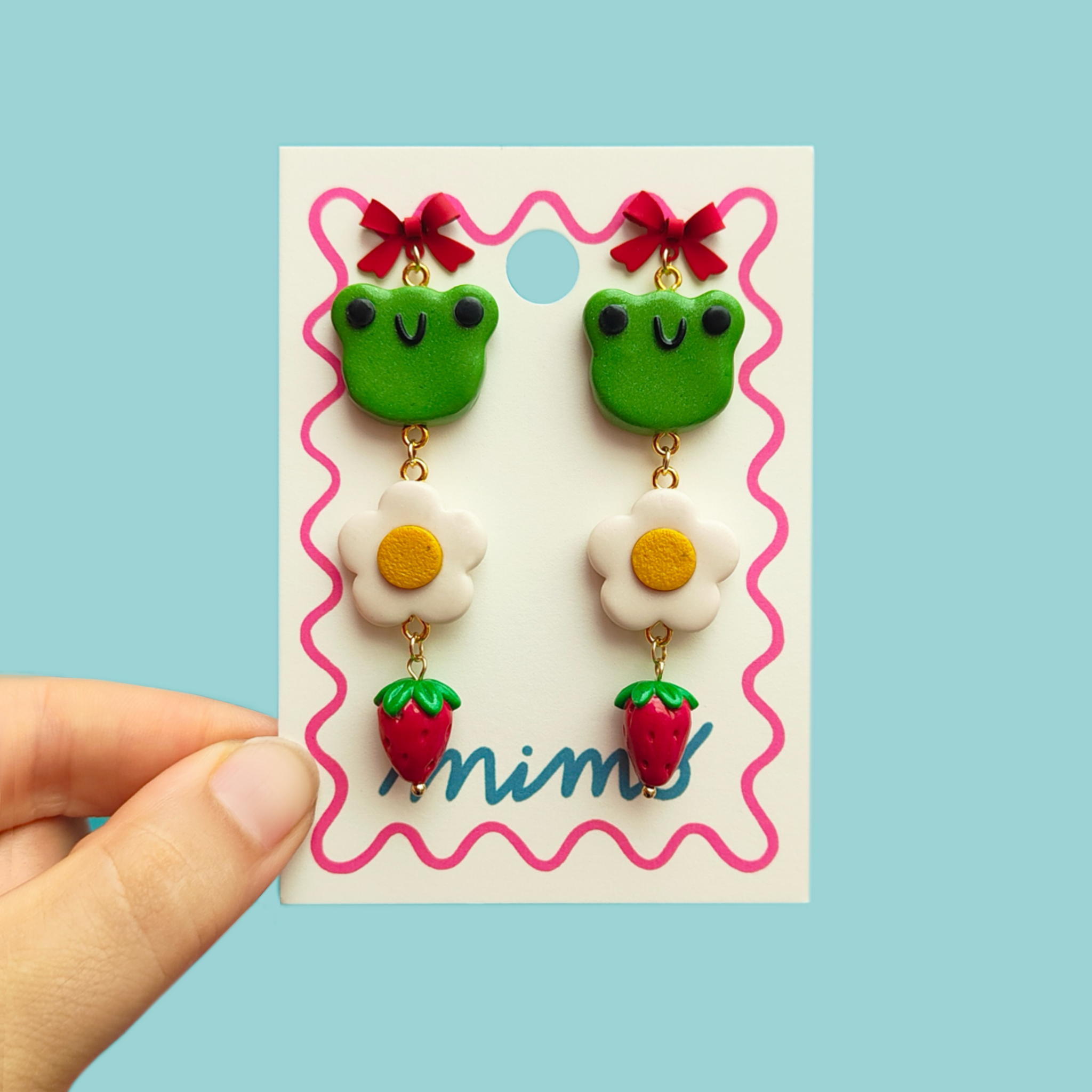 Mimo – wholesale Dangle earrings – Froggie Picnic Statement Earrings -Frog Bow Strawberry Daisy0