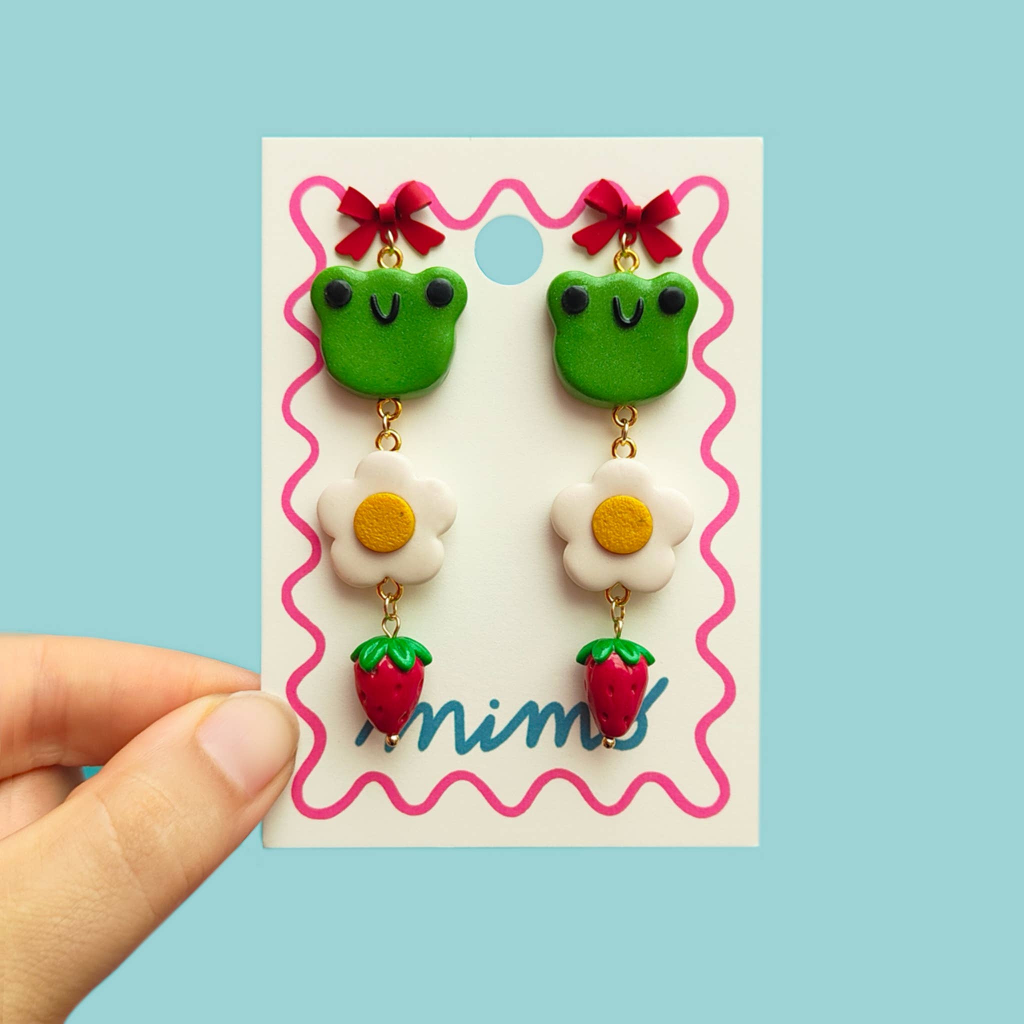 Mimo ā wholesale Dangle earrings ā Froggie Picnic Statement Earrings -Frog Bow Strawberry Daisy