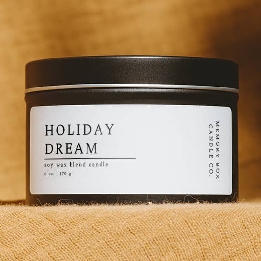 Soy Candle - Holiday Dream - 6 oz. Matte Black Tin for wholesale by Memory Box Candle Co.