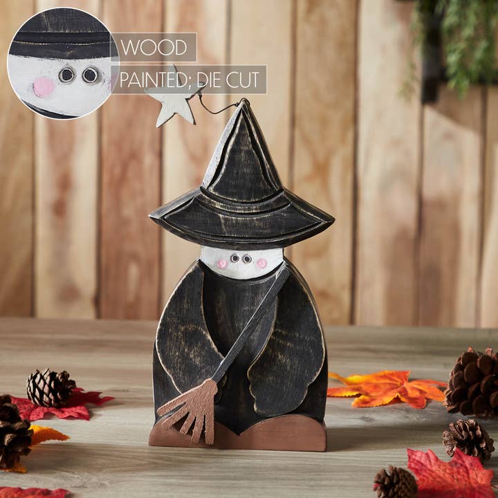 VHC Brands - Wholesale Decorative Tabletop Object - Witch w/ Broom Wooden Figurine 10x5.5x1.5