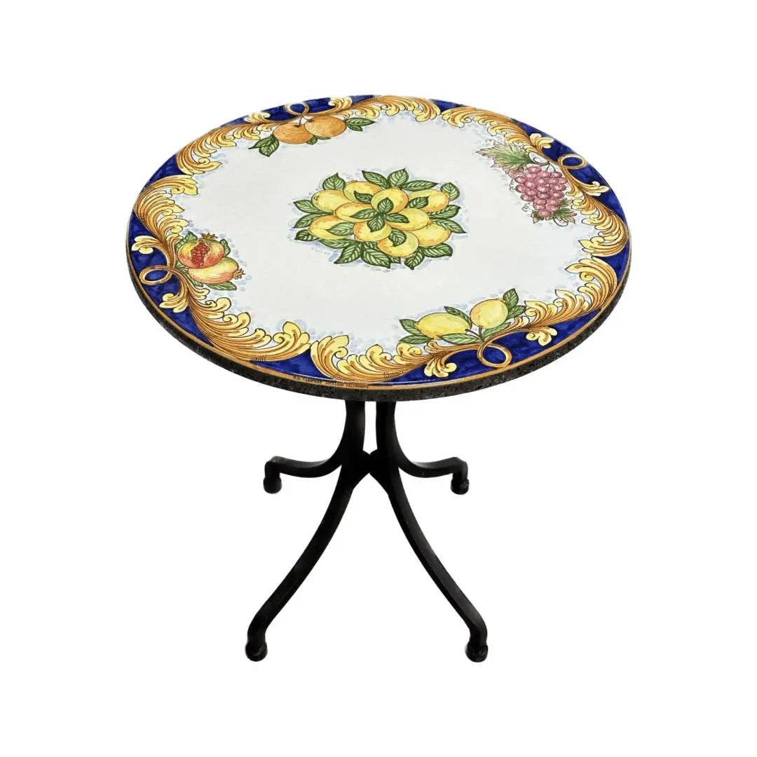 DD Ceramiche Siciliane - Vendita all'ingrosso Tavoli da patio - Tavolo Rotondo in Pietra Lavica Decoro N.1 - MISURE VARIE0