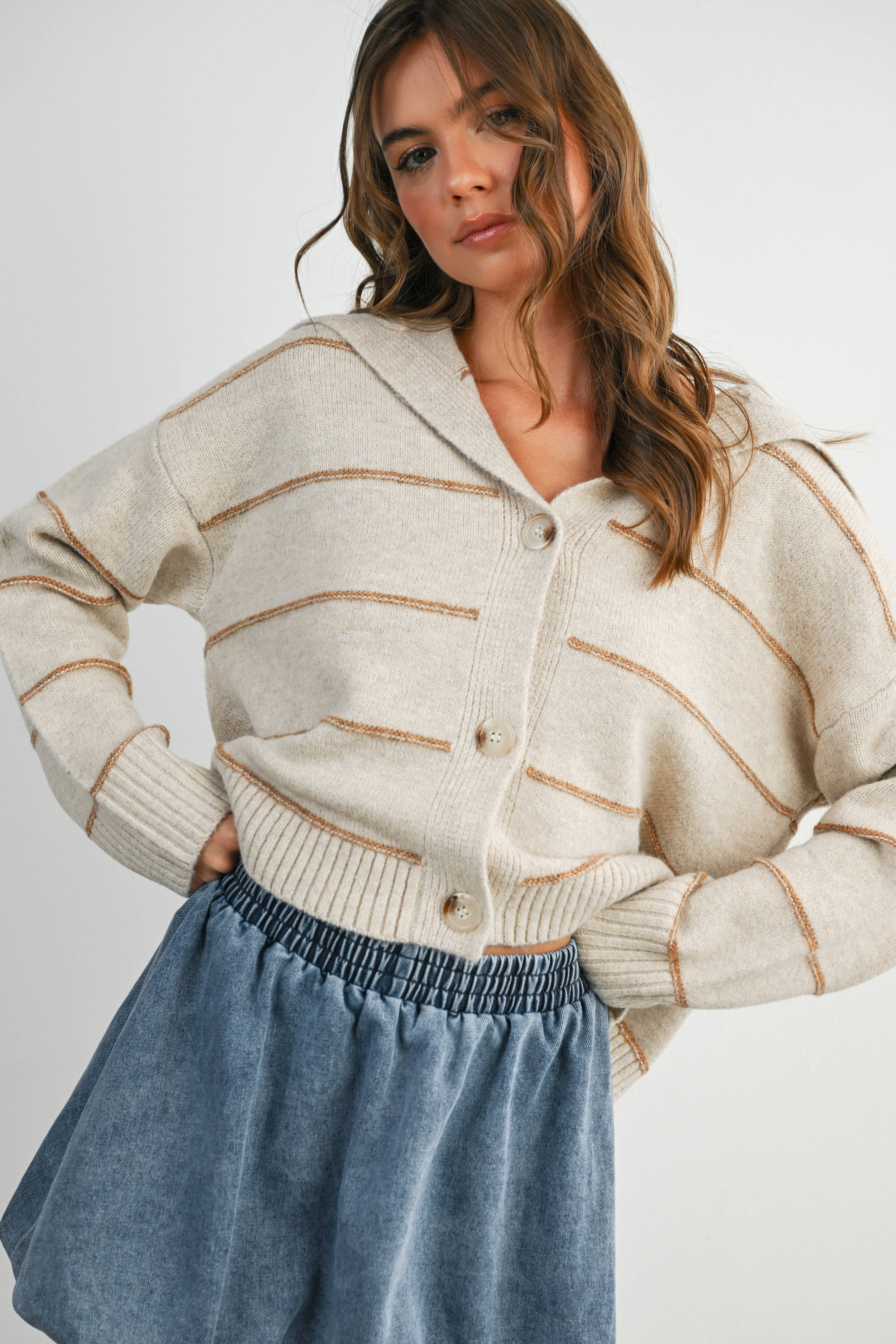 BUTTERMELON - Wholesale Knit Sweater - Women's - Button-Up Striped Collared Long Sleeve Top - BMC788311