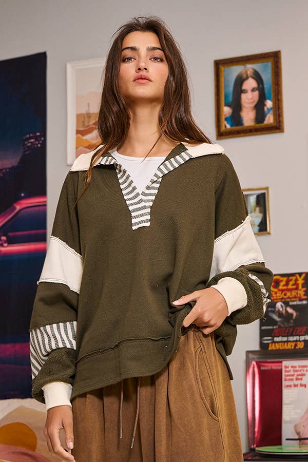 BUCKETLIST INC - Wholesale Knit Top - Women's - T2004 French Terry Knit Color-block Collared Loose Fit Top18